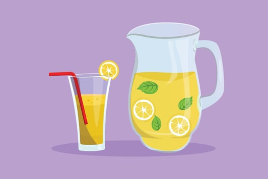 Graphic flat design drawing fresh stylized lemonade ice with sliced lemon logo, label, flyer, symbol. Restaurant drink menu for cafe, shop or food delivery service. Cartoon style vector illustration