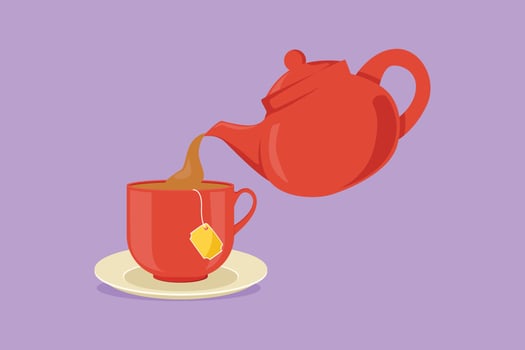 Character flat drawing teapot pouring tea into cup. Icon of pouring organic tea into ceramic cup with sand glass. Teapot, teacup. Breakfast concept label logotype. Cartoon design vector illustration