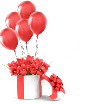 3D Rendering Gift With Bouquet Of Red Flowers And Balloons png