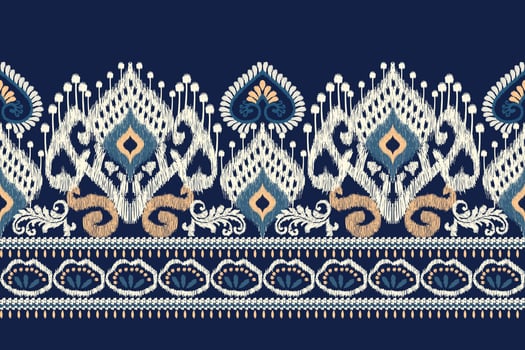Ikat floral paisley embroidery on navy blue background.Ikat ethnic oriental pattern traditional.Aztec style abstract vector illustration.design for texture,fabric,clothing,wrapping,decoration,sarong.