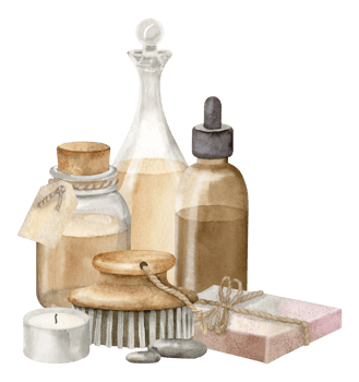 Spa cosmetic with vintage Bottles, soap and brush for aromatherapy. Hand drawn watercolor illustration of bodycare products for massage on isolated transparent background. Drawing of care toiletries png