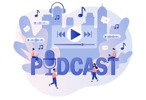 Podcast - big text. Tiny people listening audio. Podcaster speaking in microphone. Online training, radio show or audio blog. Modern flat cartoon style. Vector illustration on white background