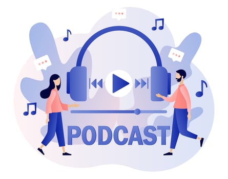 Podcast concept. Large headphones and tiny people listening audio. Online training, radio show or audio blog. Podcasting. Modern flat cartoon style. Vector illustration on white background