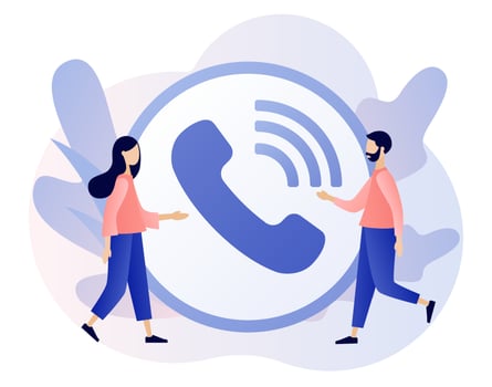 Phone Call. Big Accept Button. Tiny people receive incoming call. Communication concept. Modern flat cartoon style. Vector illustration on white background
