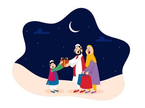 Muslim Couple Wishing and Giving Gift to a Child on Occasion of Islamic Festival. vector