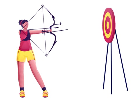 Disabled Young Girl Taking Aim From Bow Arrow in Dartboard on White Background. vector