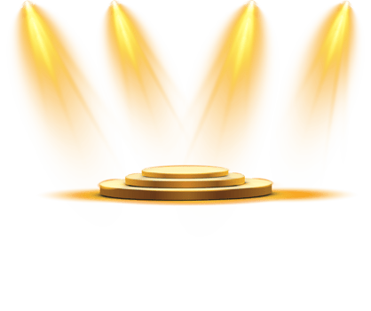 Podium stand isolated on transparent background. White circle plinth, pillar or display stage. Empty prize pedestal with yellow projector light beams. PNG. png