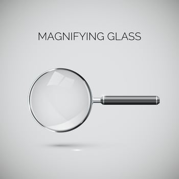 Magnifying glass with metal frame and black handle. Realistic style illustration. Vector