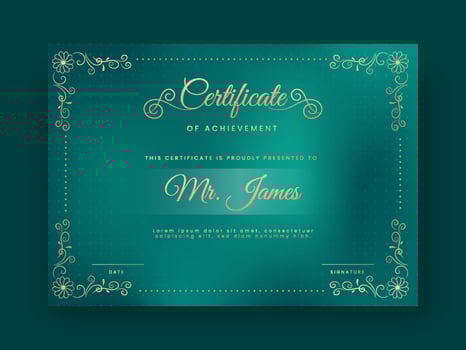 Certificate Of Achievement Template Layout in Golden and Teal Green Color. vector