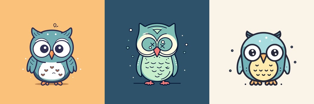 Cute baby owl mascot kawaii cartoon bird illustration set collection vector