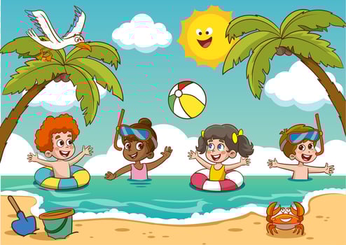 Kids sunbath swimming in the Sea at Summer Children s Camp on Sea Beach Shores vector