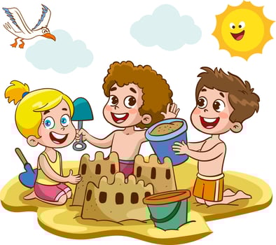 Sand castle. Boy girl build home on beach. Cartoon children playing on vacation, flat cute kids vector characters