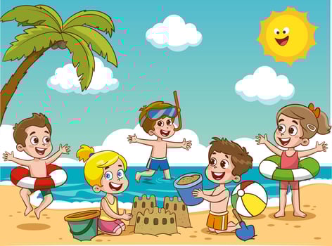 Children kids sunbathe swiming in the sea at summer children's camp on sea beach shore. Little boy are playing with ball. The children on the beach are building a sand castle. vector