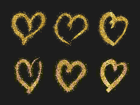 Gold glitter doodle heart on dark background. Set of six gold grunge hand drawn heart. Romantic love symbol. Vector illustration.