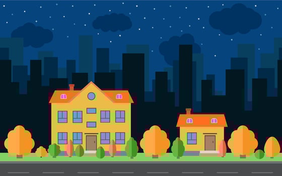 Vector night city with two cartoon houses and buildings with trees and shrubs. City space with road on flat style background concept. Summer urban landscape. Street view with cityscape on a background