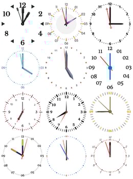A set of different mechanical clocks with an image of each of the twelve hours. Clock face on white background. vector