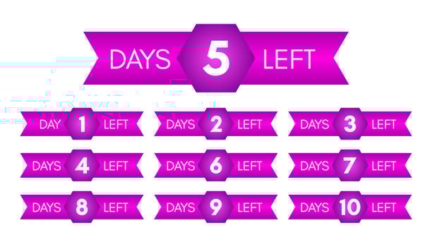 Number of days left. Set of ten purple banners with countdown from 1 to 10. Vector illustration