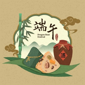 Dragon Boat Festival with rice dumplings and realgar wine vector illustration.