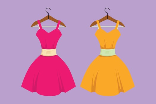 Character flat drawing of stylized woman beautiful dresses on hanger. Elegant dress on shoulders icon symbol. Dress hanger. Clothing store. Fashion boutique concept. Cartoon design vector illustration