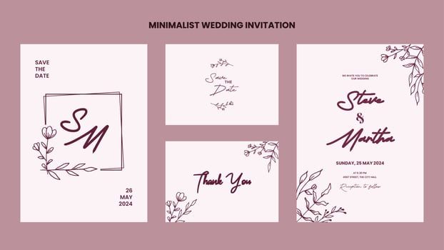 A set of Minimalist wedding invitation template with hand drawn flowers and leaves decoration vector