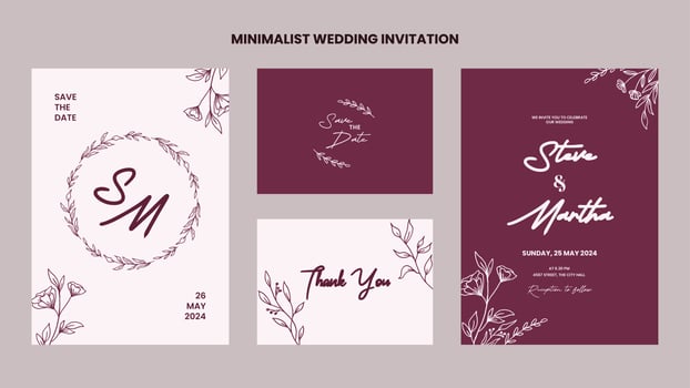 A set of Minimalist wedding invitation template with hand drawn flowers and leaves decoration vector