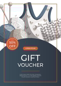 Promo gift flyer with knitted clothes, balls of wool, knitting item. Skein of yarn.Tools, equipment for knitwork, handicraft. Handmade needlework, hobby. Knitting studio A4 poster, banner,cover vector