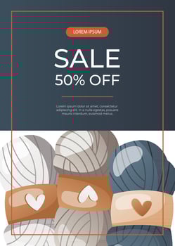 Promo sale flyer with stack of balls of wool for knitting. Skein of yarn.Tools, equipment for knitwork, handicraft. Handmade needlework, hobby. Knitting studio A4 for poster, banner, cover vector