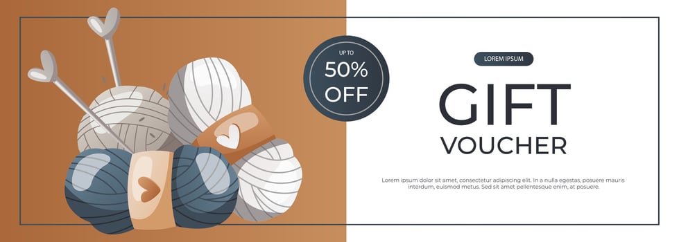 Promo gift banner with balls of wool for knitting with needles. Skein of yarn. Tools, equipment for knitwork, handicraft. Handmade needlework, hobby. Knitting studio for poster, advertising vector