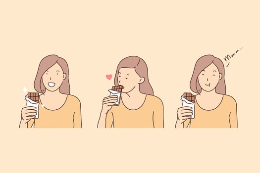 Eating chocolate, happiness hormone, endorphin production concept vector
