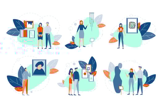 Modern art exhibition set concept. Collection people men and women standing near showpieces, paintings, scultures, installations of modern art exhibition in museum or art gallery. Flat vector