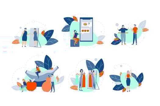Loss of weight, diet, health set concept. Woman is on diet. Process of loosing weight. Collection of young girl vegetarians changes from thick to thin. Goal achievement. Idea of health food nutrition. vector