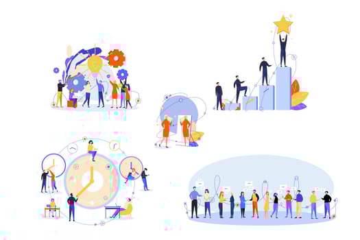 Soft skills, business, confidence, success, communication, win, time management set vector