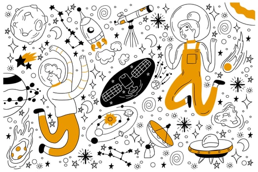 Space doodle set. Collection of hand drawn sketches templates of people astronauts with spacesuit flying in cosmos among stras and planets with meteors and black holes. Universe or galaxy illustration vector