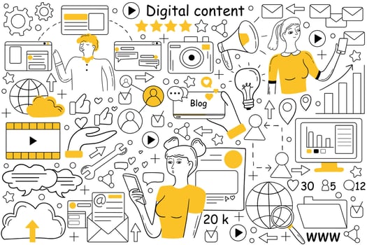 Digital content doodle set. Collection of hand drawn sketches patterns of people creating promote interactive products for engaged audiences and value for customers. Visual marketing technologies. vector