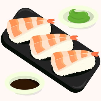 Flat vector design illustration of Japanese shrimp nigiri sushi. Isolated asian food