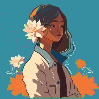 Pretty girl with flower in her hair illustration in flat technique vector