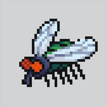 pixel art Fly. House Fly insect pixelated design for logo, web, mobile app, badges and patches. Video game sprite. 8-bit. Isolated vector illustration.
