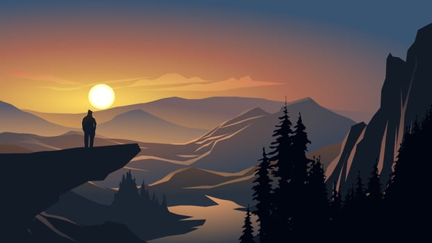 Vector illustration of foggy sunset over mountains with silhouette of a man on the hill