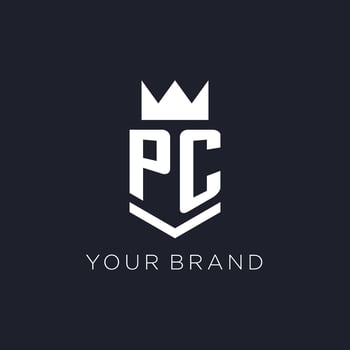 PC logo with shield and crown, initial monogram logo design vector