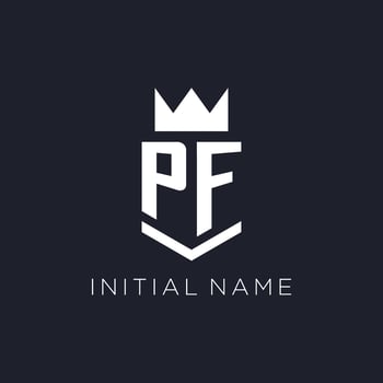 PF logo with shield and crown, initial monogram logo design vector