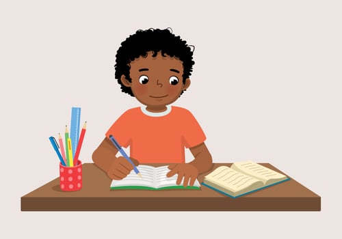 Cute little African boy sitting on the desk studying writing on notebook doing his homework at home vector