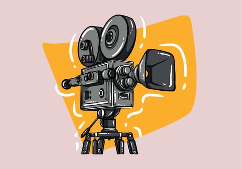 Cinema movie camera side view template in cartoon and vintage style isolated illustration vector