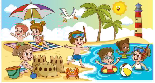 Children kids sunbathe swiming in the sea at summer children's camp on sea beach shore. Little boy are playing with ball. The children on the beach are building a sand castle. vector