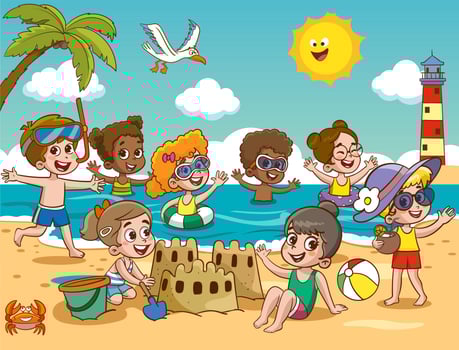 Children kids sunbathe swiming in the sea at summer children's camp on sea beach shore. Little boy are playing with ball. The children on the beach are building a sand castle. vector