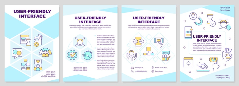 User friendly interface brochure template. Website development. Leaflet design with linear icons. Editable 4 vector layouts for presentation, annual reports