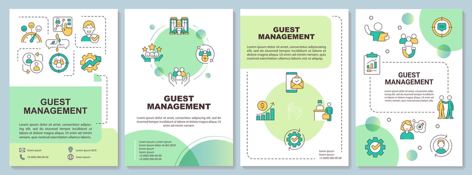 Guest service management green brochure template. Satisfaction. Leaflet design with linear icons. Editable 4 vector layouts for presentation, annual reports