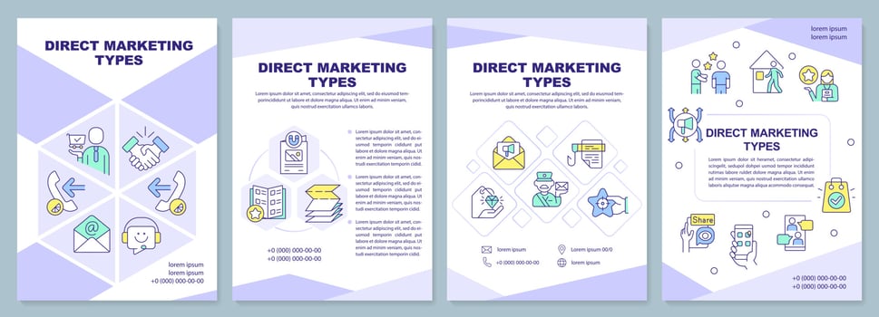 Direct marketing types purple brochure template. Advertisement. Leaflet design with linear icons. Editable 4 vector layouts for presentation, annual reports