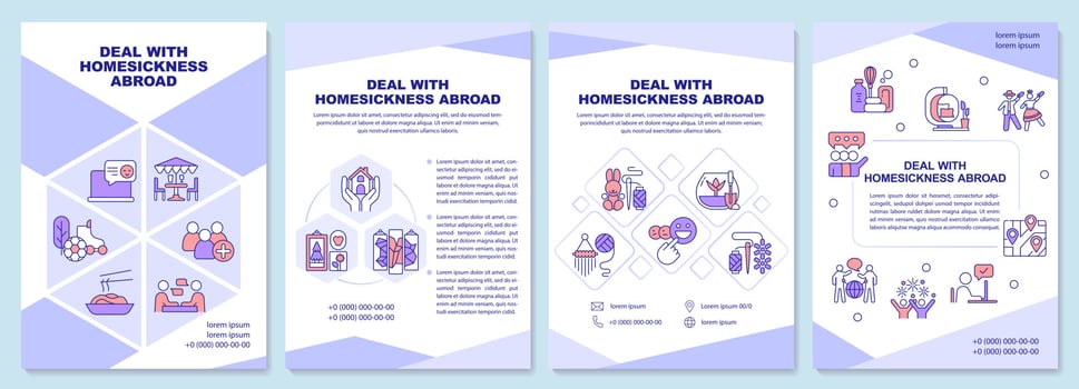 Deal with homesickness abroad purple brochure template. Expat. Leaflet design with linear icons. Editable 4 vector layouts for presentation, annual reports