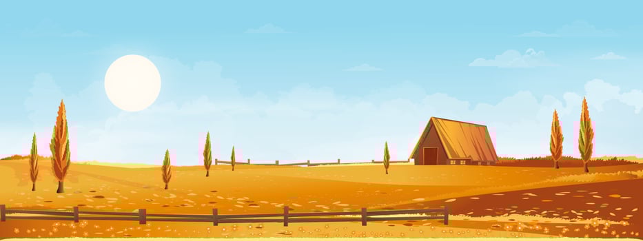 Autumn panorama landscape farm field with blue sky,Panorama view Autumn rural countryside with yellow,orange foliage,Vector cartoon Fall season with copy space for banner background vector