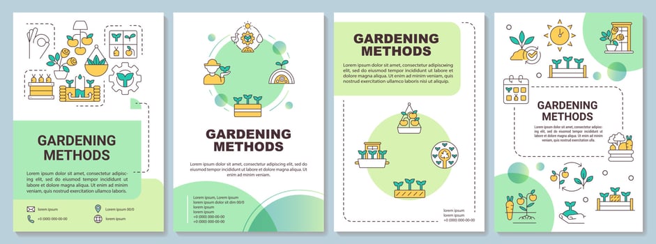 Methods of gardening green brochure template. Planting. Leaflet design with linear icons. Editable 4 vector layouts for presentation, annual reports